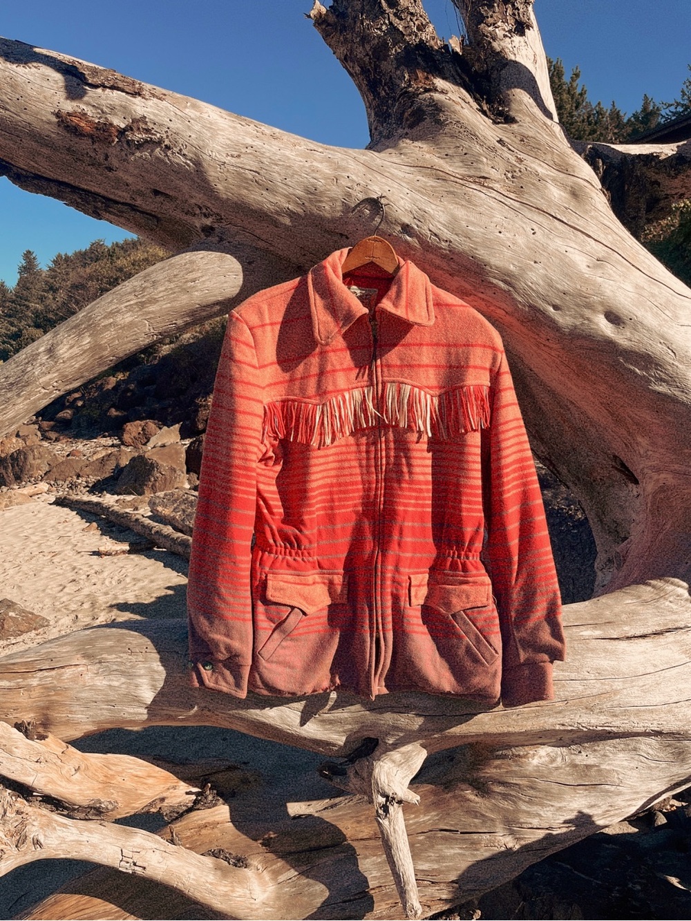 50s Vintage Minnesota Woolen Mills Siesta Camp Blanket Western Fringe Jacket M